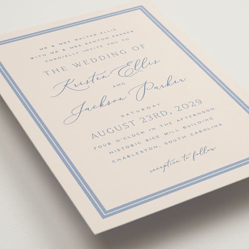 This is a periwinkle wedding invitations with standard by Hooray Creative called twin border printing on signature in grand