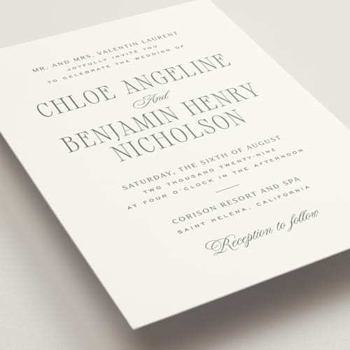 This is a moss wedding invitations with standard by Kelly Schmidt called woods printing on signature in grand