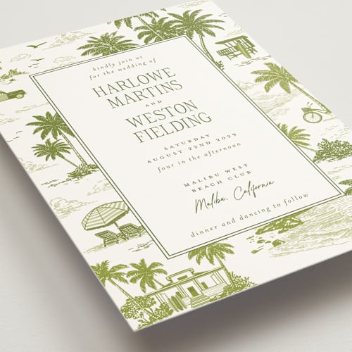 This is a palm wedding invitations with standard by Jenna Holcomb called beachtoile printing on signature in grand