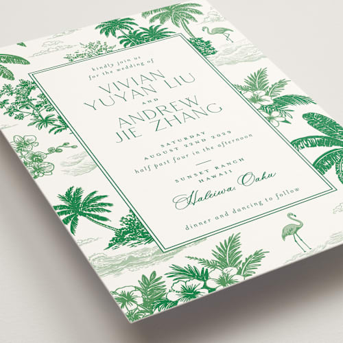 This is a jade wedding invitations with standard by Jenna Holcomb called tropical toile printing on signature in grand
