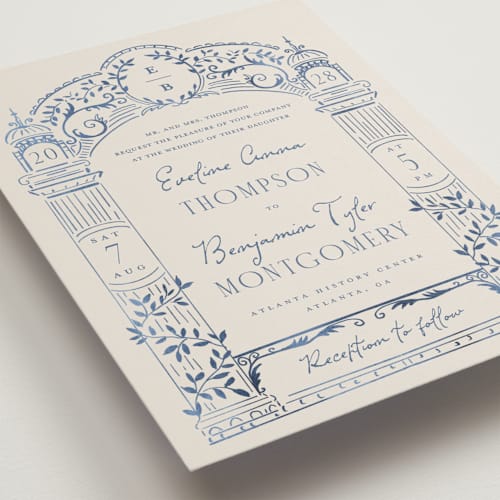 This is a navy wedding invitations with standard by Petra Kern called pavilion printing on signature in grand
