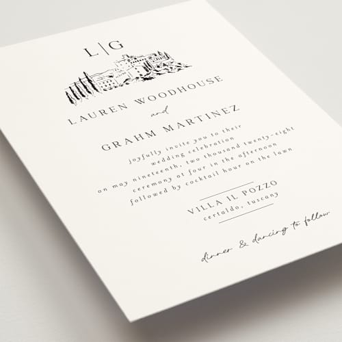 This is a noir wedding invitations with standard by Shiny Penny Studio called countryside villa printing on signature in grand