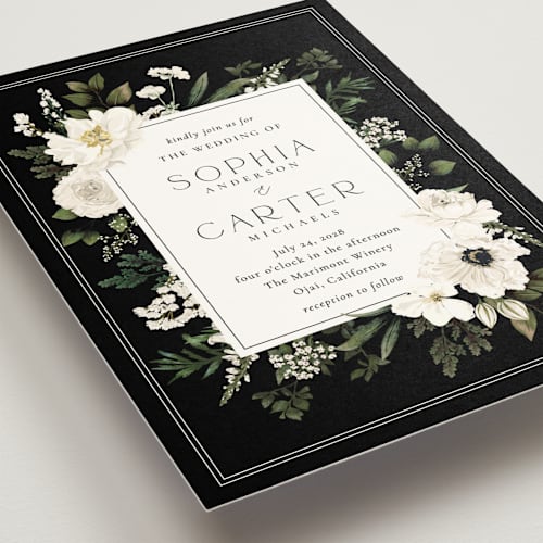 This is a black tie wedding invitations with standard by Susan Moyal called botanical love printing on signature in grand