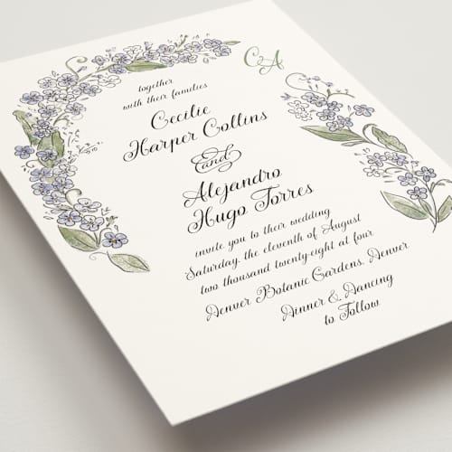 This is a violet wedding invitations with standard by Jenna Holcomb called forget me nots printing on signature in grand