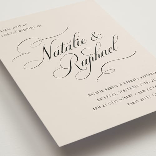 This is a black tie wedding invitations with standard by Hooray Creative called scripted names printing on signature in grand