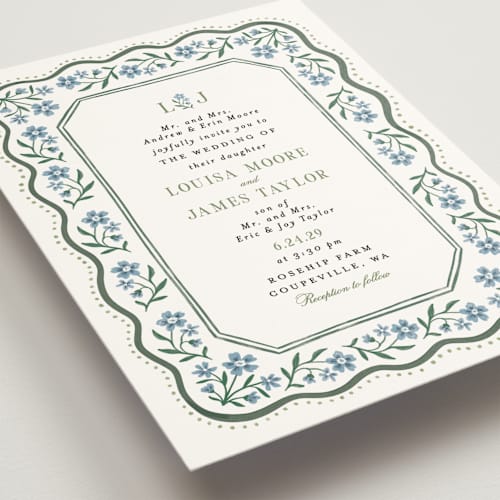 This is a periwinkle wedding invitations with standard by Alethea and Ruth called sweet vintage printing on signature in grand