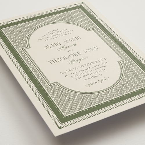 This is a moss wedding invitations with standard by Kelly Watkins called literary printing on signature in grand