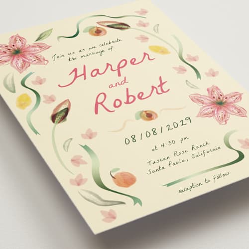 This is a blush wedding invitations with standard by Emily Miranda called romantic tropical wedding printing on signature in grand