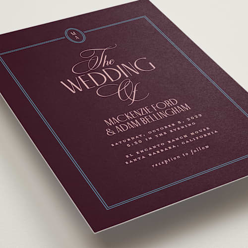 This is a plum wedding invitations with standard by Owl and Toad called sophisticate printing on signature in grand