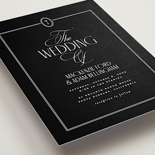 This is a noir wedding invitations with standard by Owl and Toad called sophisticate printing on signature in grand