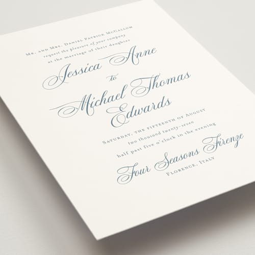 This is a dusty blue wedding invitations with standard by Jennifer Postorino called empire printing on signature in grand