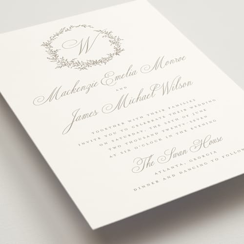 This is a chantilly wedding invitations with standard by Wildfield Paper Co called romantic wreath printing on signature in grand