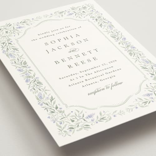 This is a periwinkle wedding invitations with standard by Kristen Smith called delicate vines printing on signature in grand