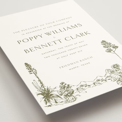This is a verde wedding invitations with standard by Megan Davis called rancho printing on signature in grand
