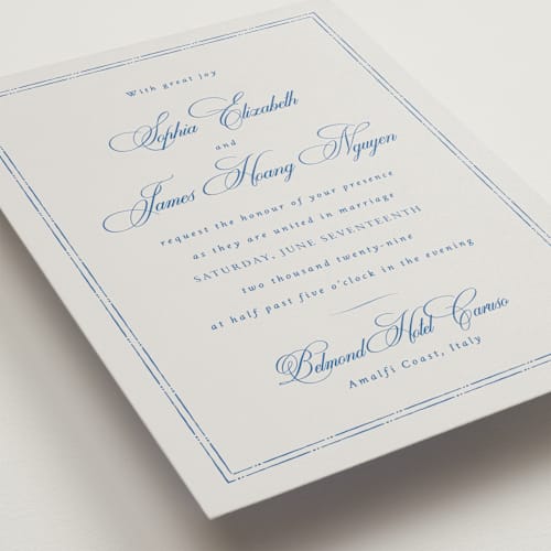This is a blue mist wedding invitations with standard by Design Lotus called amalfi blue printing on signature in grand