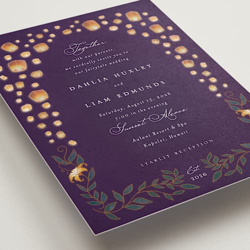 This is a twilight wedding invitations with standard by Simona Camp called disney's tangled lanterns printing on signature in grand