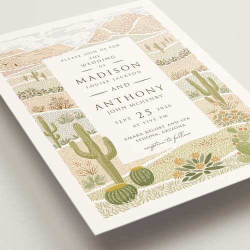 This is a sandstone wedding invitations with standard by Paper Sun Studio called westward printing on signature in grand