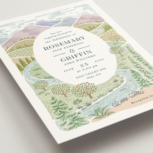 This is a pine wedding invitations with standard by Paper Sun Studio called river valley printing on signature in grand