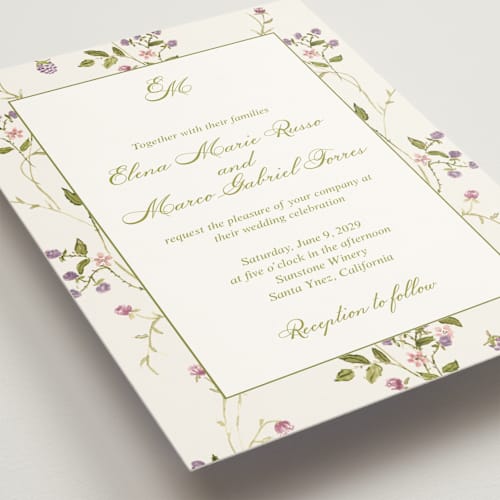 This is a cream wedding invitations with standard by Nicole Dragomir called wild berry watercolor printing on signature in grand