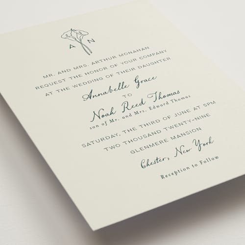 This is a sage wedding invitations with standard by Leah Bisch called pair of calla lilies printing on signature in grand