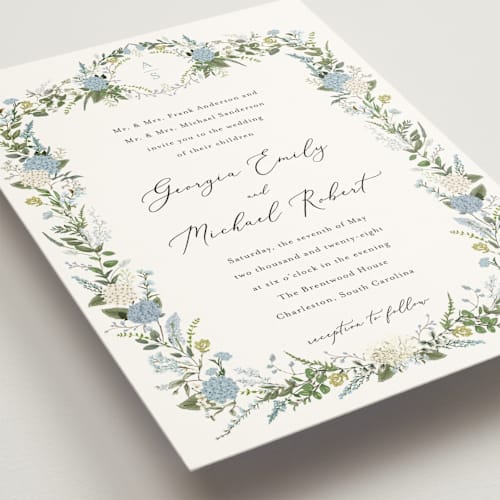 This is a coastal wedding invitations with standard by Susan Moyal called hydrangea vine printing on signature in grand