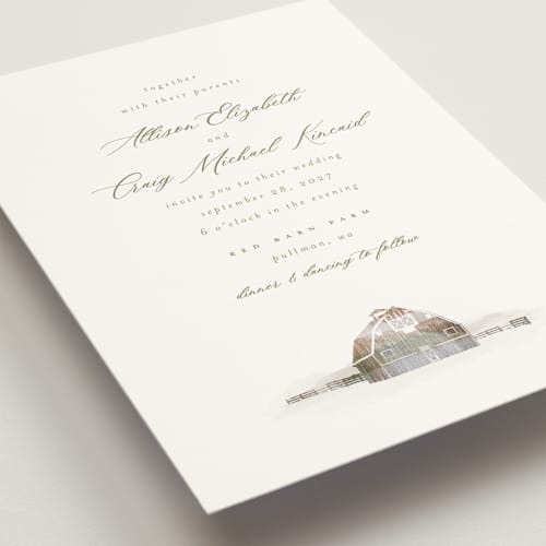 This is a fawn wedding invitations with standard by AK Graphics called rustic barn printing on signature in grand