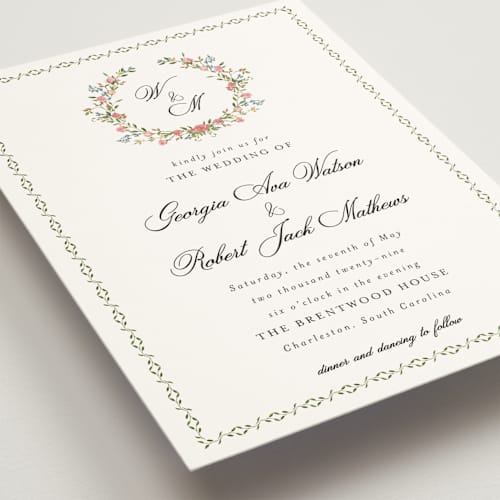 This is a blush wedding invitations with standard by Susan Moyal called monogramed printing on signature in grand