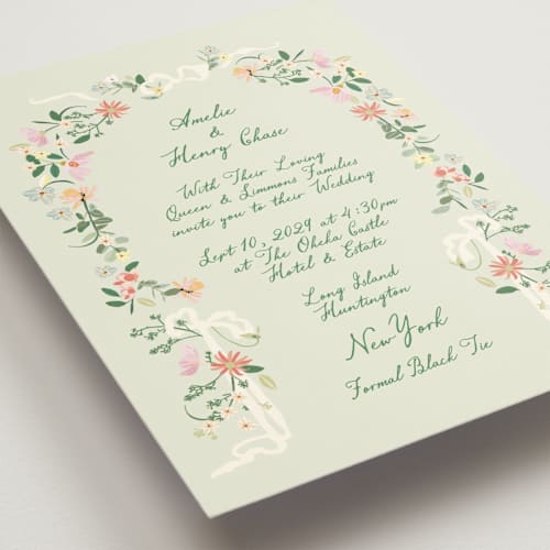This is a spring wedding invitations with standard by Phrosné Barwood called spring draped garland printing on signature in grand