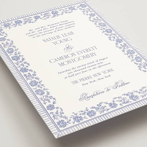 This is a cerulean wedding invitations with standard by Jenna Holcomb called embroidered printing on signature in grand