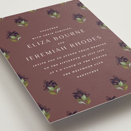 This is a merlot wedding invitations with standard by Olivia Kanaley Inman called blockprint printing on signature in grand