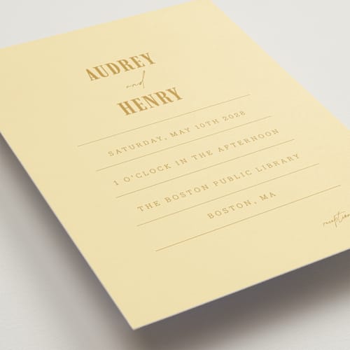 This is a butter wedding invitations with standard by Nazia Hyder called vintage label printing on signature in grand
