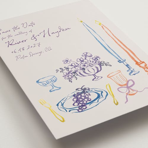 This is a hydrangea save the date with standard by Cass Loh called tablescape drawing printing on signature in grand