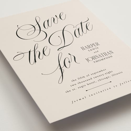 This is a linen save the date with standard by Kate Ahn called mirin printing on signature in grand