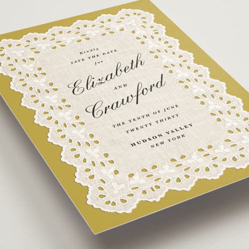 This is a citrine save the date with standard by Olivia Kanaley Inman called eyelet printing on signature in grand