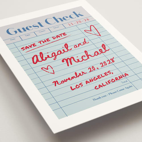 This is a mint save the date with standard by Jennifer Lew called guest check printing on signature in grand