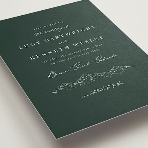 This is a evergreen save the date with standard by Sarah Brown called mountainview printing on signature in grand