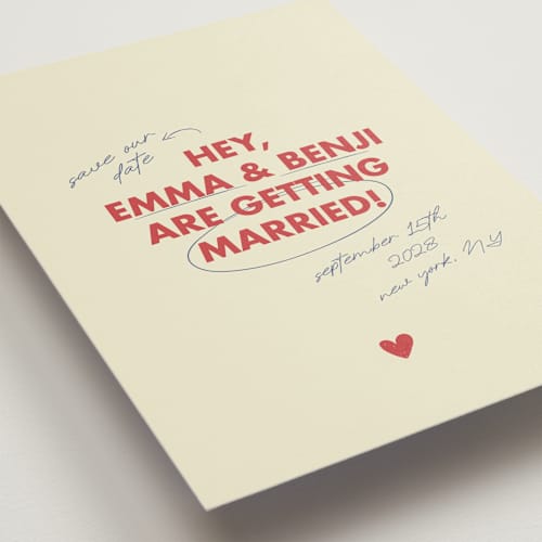 This is a latte save the date with standard by Helena Vitto called love note printing on signature in grand