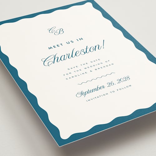 This is a ocean save the date with standard by Kelly Schmidt called meet us printing on signature in grand