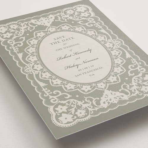This is a sage save the date with standard by Zove Ahhh called written in romance printing on signature in grand