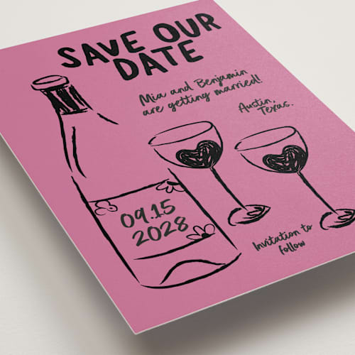 This is a pretty in pink save the date with standard by Helena Vitto called heart of glass printing on signature in grand