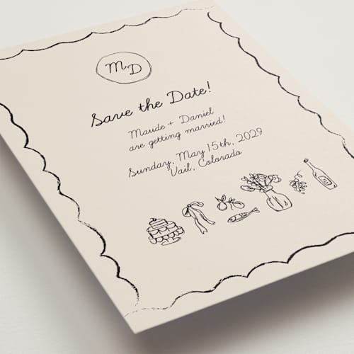 This is a ivory save the date with standard by Aviva Atri called sketchbook love printing on signature in grand