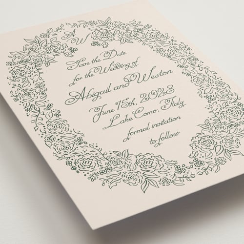 This is a moss save the date with standard by Tamara Hilje called crest florale printing on signature in grand