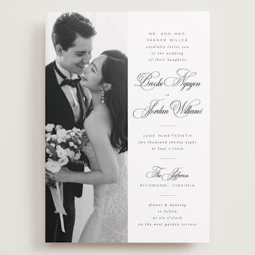 This is a tuxedo wedding invitations with standard by Orasie called side by side printing on recycled smooth signature in grand
