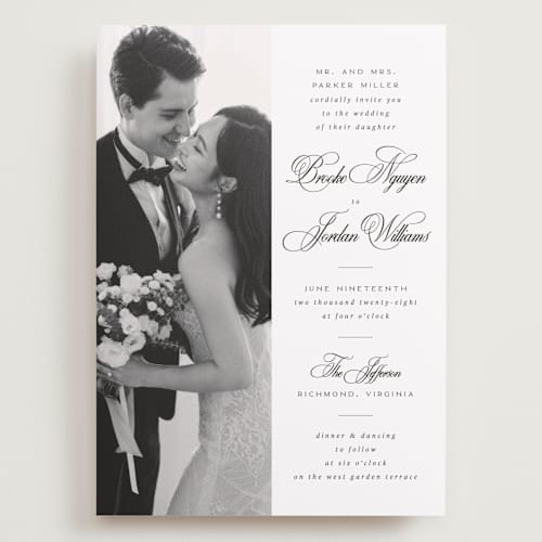 This is a tuxedo wedding invitations with standard by Orasie called side by side printing on recycled smooth signature in grand