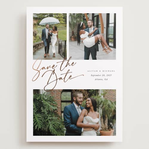 This is a pearl foil stamped save the date cards with foil pressed by Melanie Kosuge called three printing on recycled smooth signature in grand