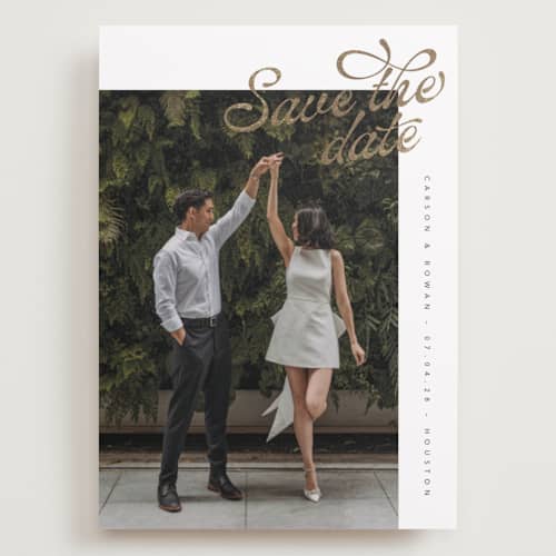 This is a pearl foil stamped save the date cards with foil pressed by Chryssi Tsoupanarias called swirling printing on recycled smooth signature in grand