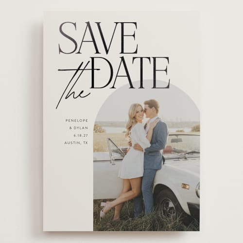 This is a ecru foil stamped save the date cards with foil pressed by Morgan Kendall called penelope printing on recycled smooth signature in grand