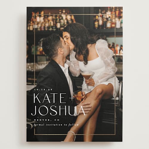 This is a pearl foil stamped save the date cards with foil pressed by Brooke Chandler called surround printing on recycled smooth signature in grand