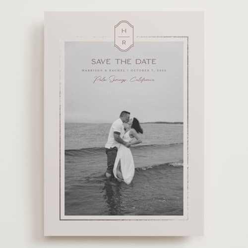This is a dove foil stamped save the date cards with foil pressed by Rachelle Clarke called modern monogram printing on recycled smooth signature in grand