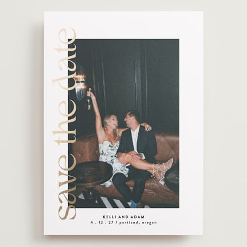 This is a pearl foil stamped save the date cards with foil pressed by Roxy Cervantes called cover page printing on recycled smooth signature in grand